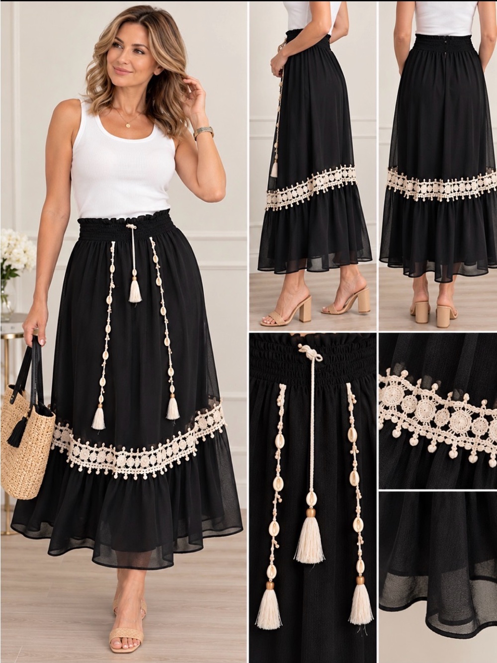 Ramy Brook Black Maxi Skirt with Cream Crochet Trim and Tassel Detail